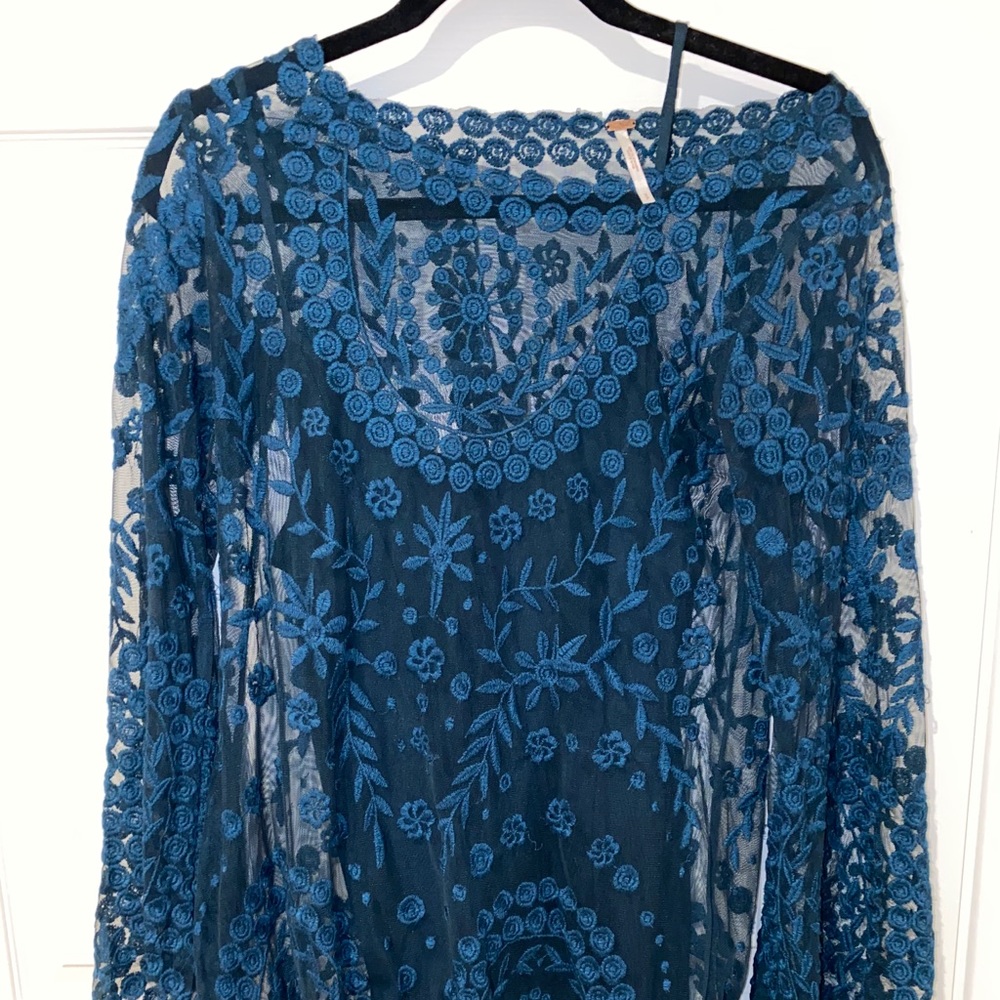 Free people boho blue lace mini dress with slip